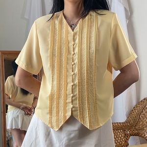 Vintage Sellecca Yellow Short Sleeve Floral Embroidered Blouse